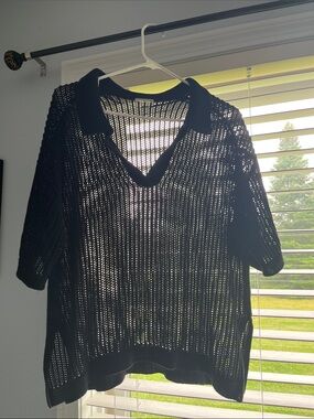 Black Open-Knit Collared V-Neck Sweater